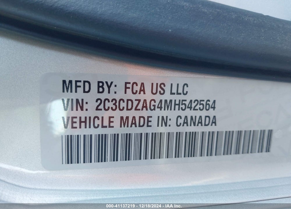 2021 DODGE CHALLENGER VIN: 2C3CDZAG4MH542564