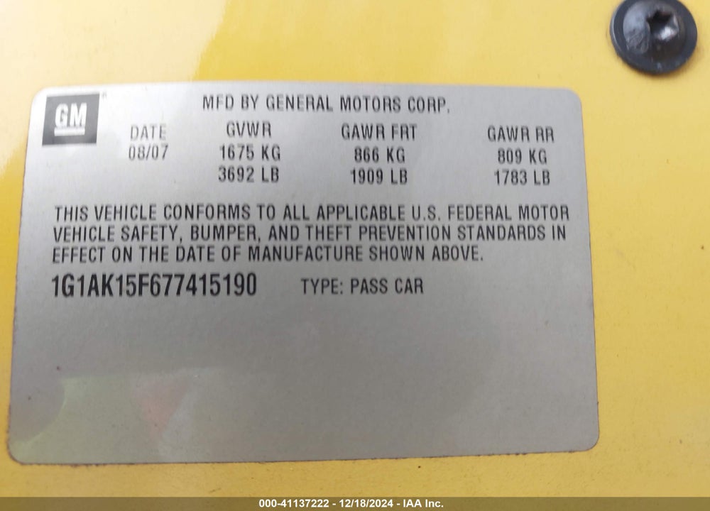 2007 CHEVROLET COBALT LS VIN: 1G1AK15F677415190