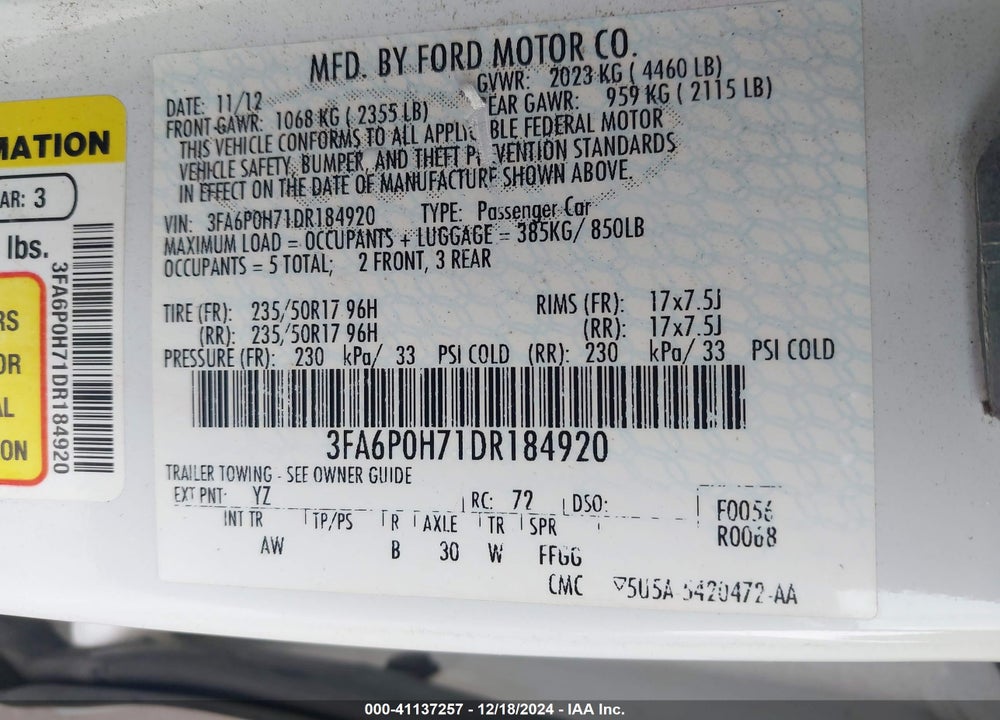 2013 FORD FUSION SE VIN: 3FA6P0H71DR184920