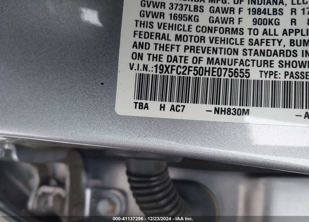 2017 HONDA CIVIC LX VIN: 19XFC2F50HE075655