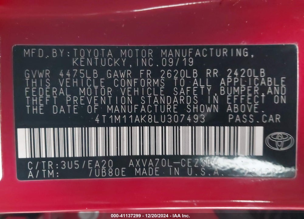 2020 TOYOTA CAMRY SE VIN: 4T1M11AK8LU307493