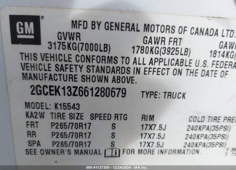 2006 CHEVROLET SILVERADO 1500 LT1 VIN: 2GCEK13Z661280679