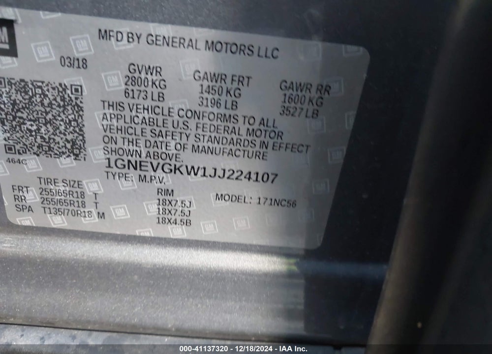 2018 CHEVROLET TRAVERSE 1LT VIN: 1GNEVGKW1JJ224107