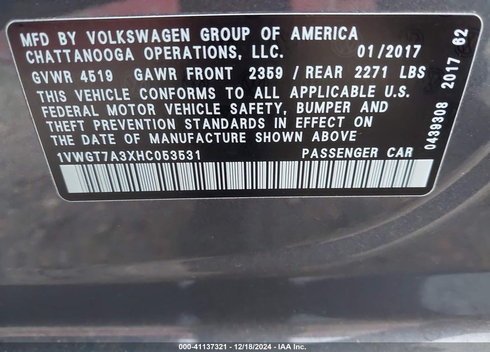 2017 VOLKSWAGEN PASSAT 1.8T SE VIN: 1VWGT7A3XHC053531