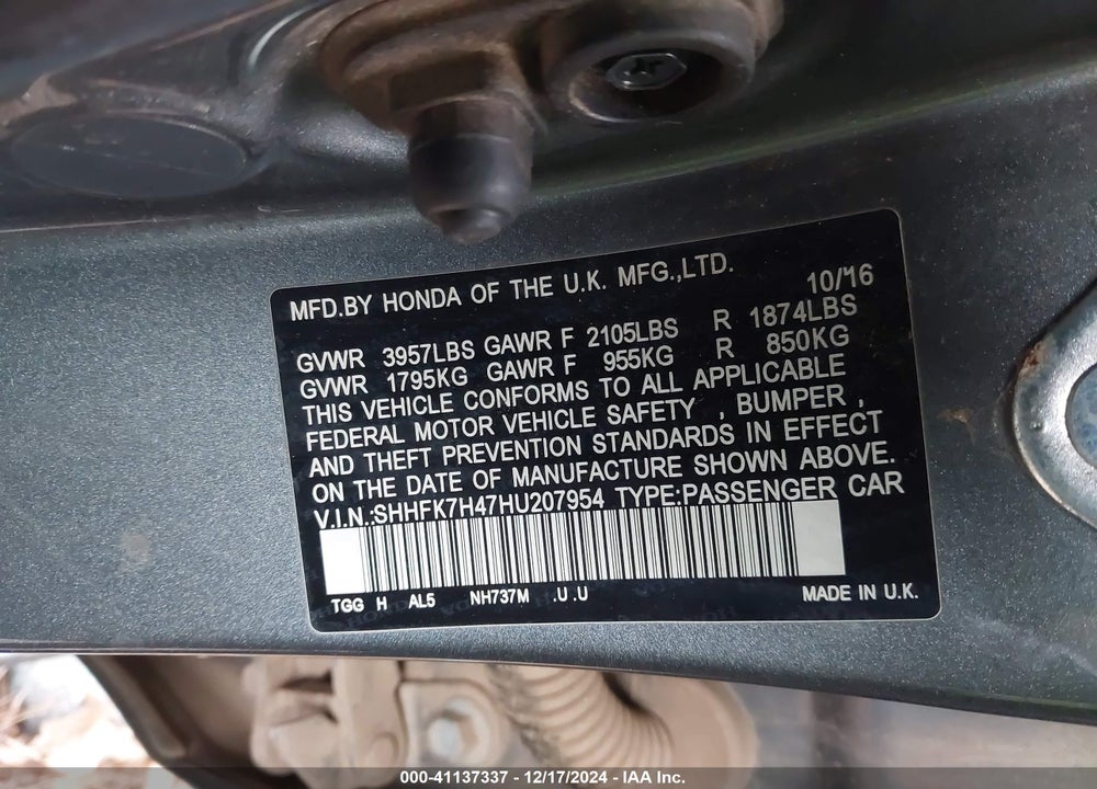 2017 HONDA CIVIC VIN: SHHFK7H47HU207954