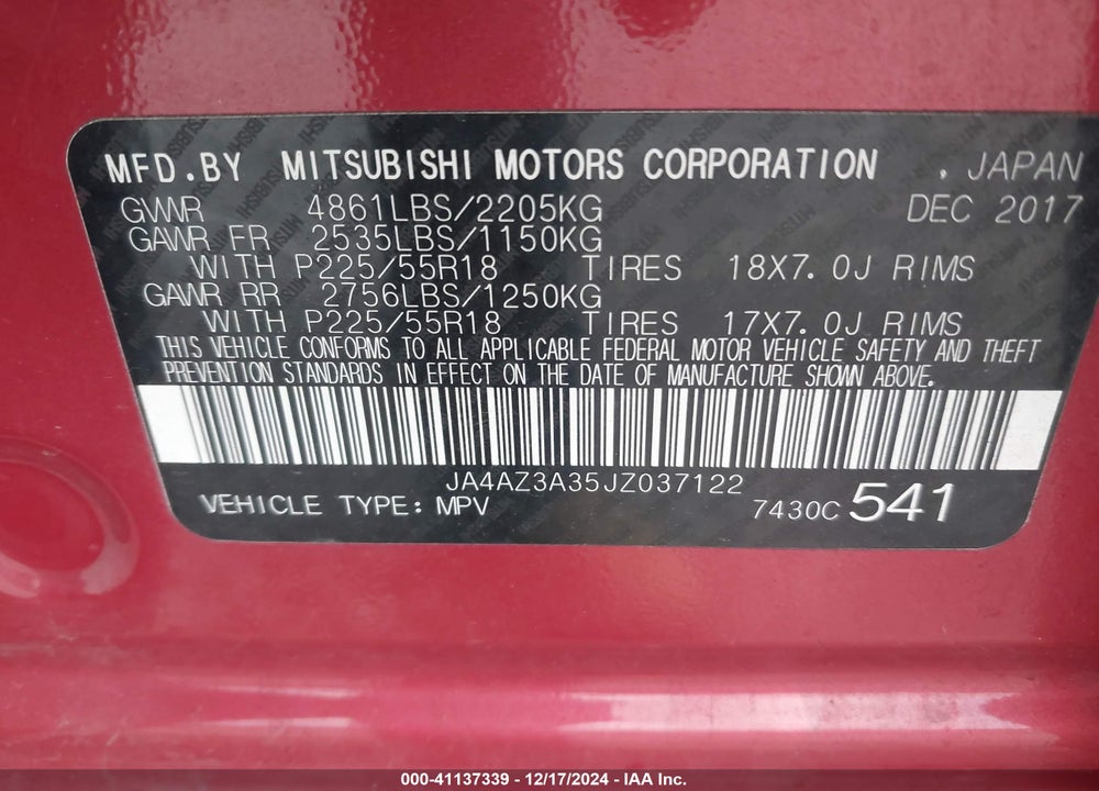 2018 MITSUBISHI OUTLANDER SE VIN: JA4AZ3A35JZ037122