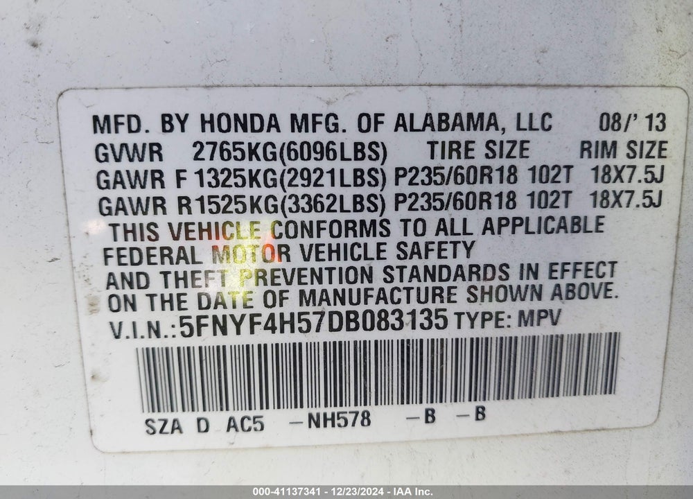 2013 HONDA PILOT EX-L VIN: 5FNYF4H57DB083135