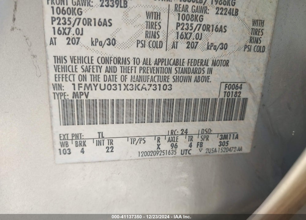2003 FORD ESCAPE XLT VIN: 1FMYU031X3KA73103