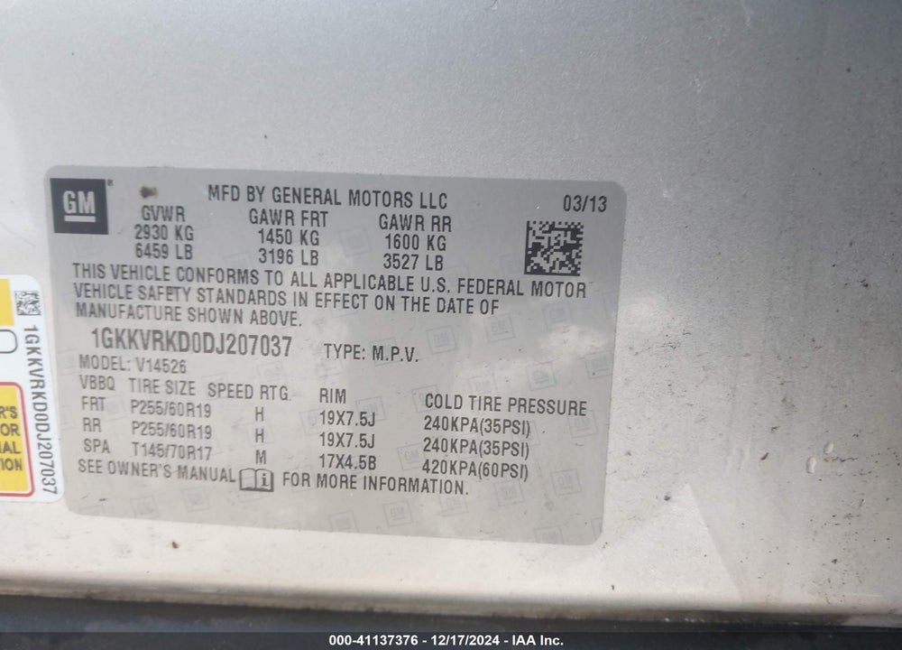 2013 GMC ACADIA SLT-1 VIN: 1GKKVRKD0DJ207037