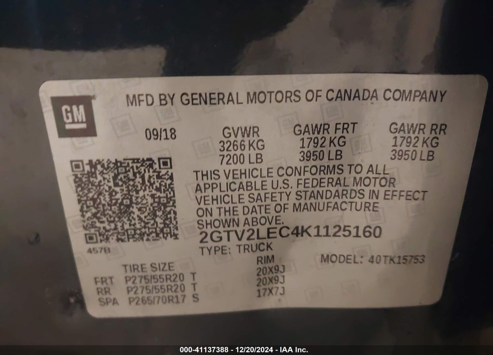 2019 GMC SIERRA LIMITED VIN: 2GTV2LEC4K1125160