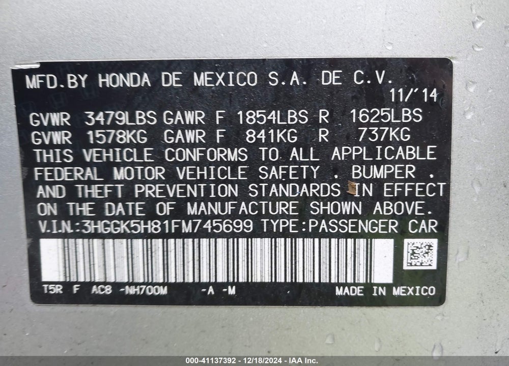 2015 HONDA FIT EX/EX-L VIN: 3HGGK5H81FM745699