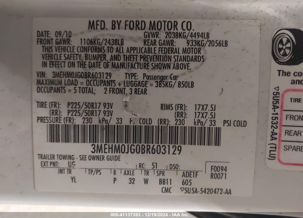 2011 MERCURY MILAN VIN: 3MEHM0JG0BR603129