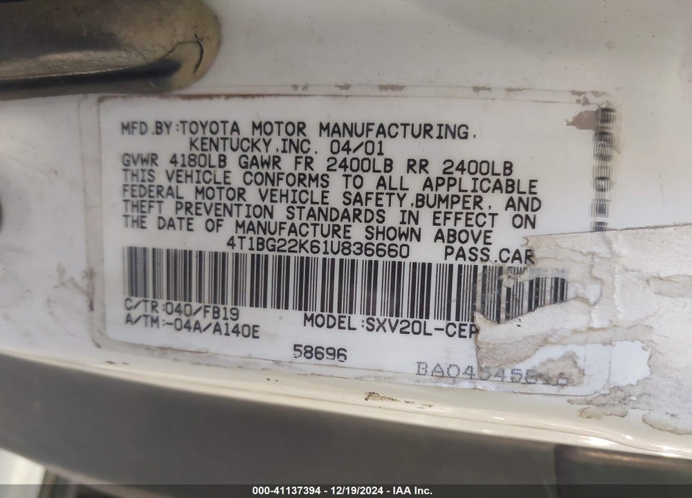 2001 TOYOTA CAMRY LE VIN: 4T1BG22K61U836660