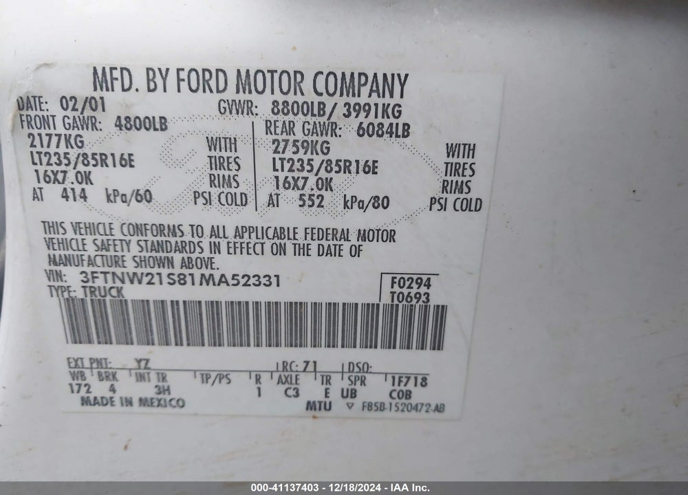 2001 FORD F-250 LARIAT/XL/XLT VIN: 3FTNW21S81MA52331