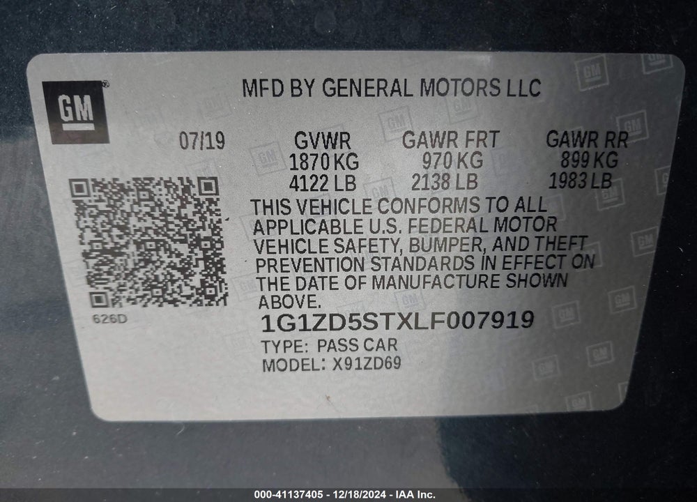 2020 CHEVROLET MALIBU VIN: 1G1ZD5STXLF007919