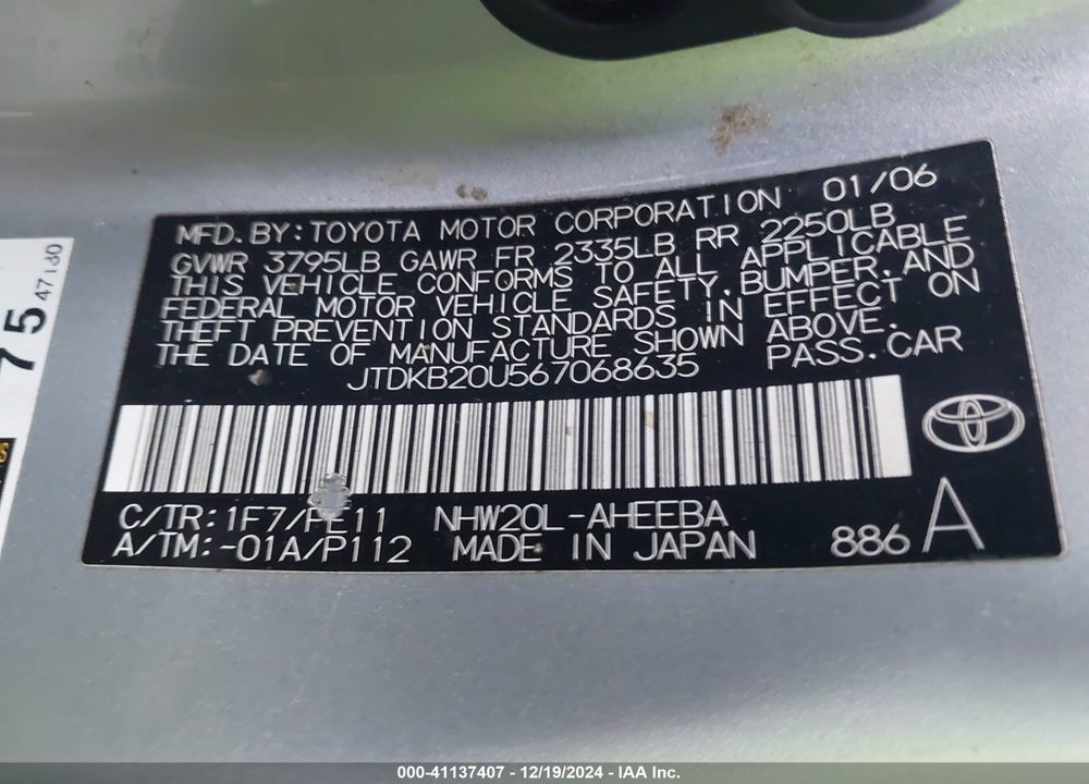 2006 TOYOTA PRIUS VIN: JTDKB20U567068635