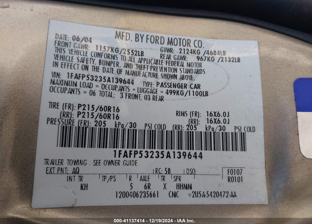 2005 FORD TAURUS SE VIN: 1FAFP53235A139644