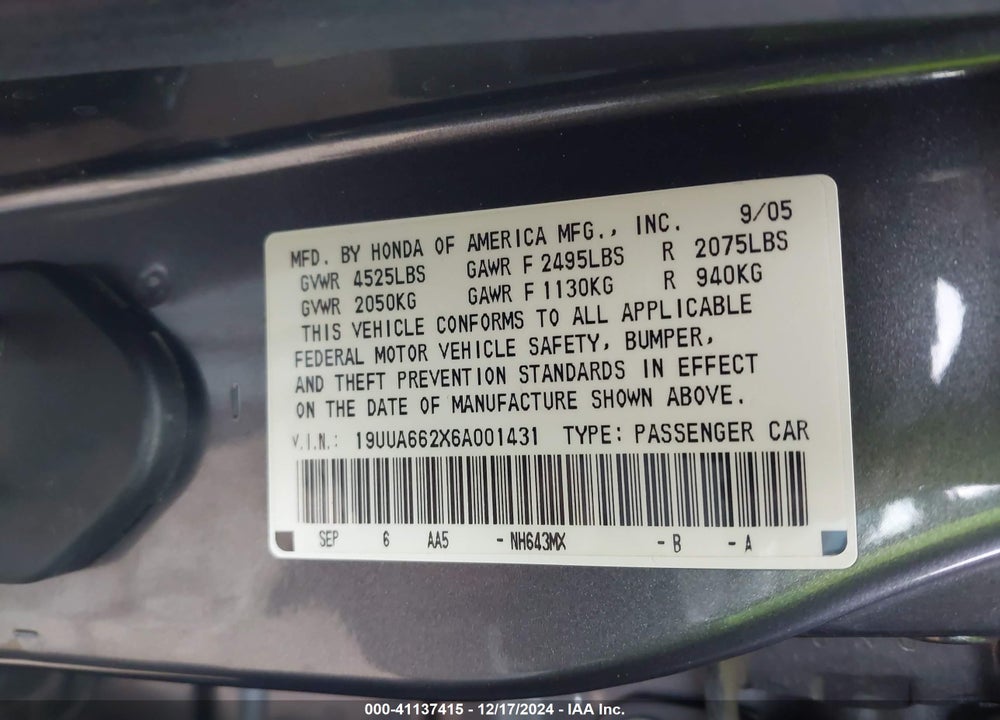 2006 ACURA TL VIN: 19UUA662X6A001431