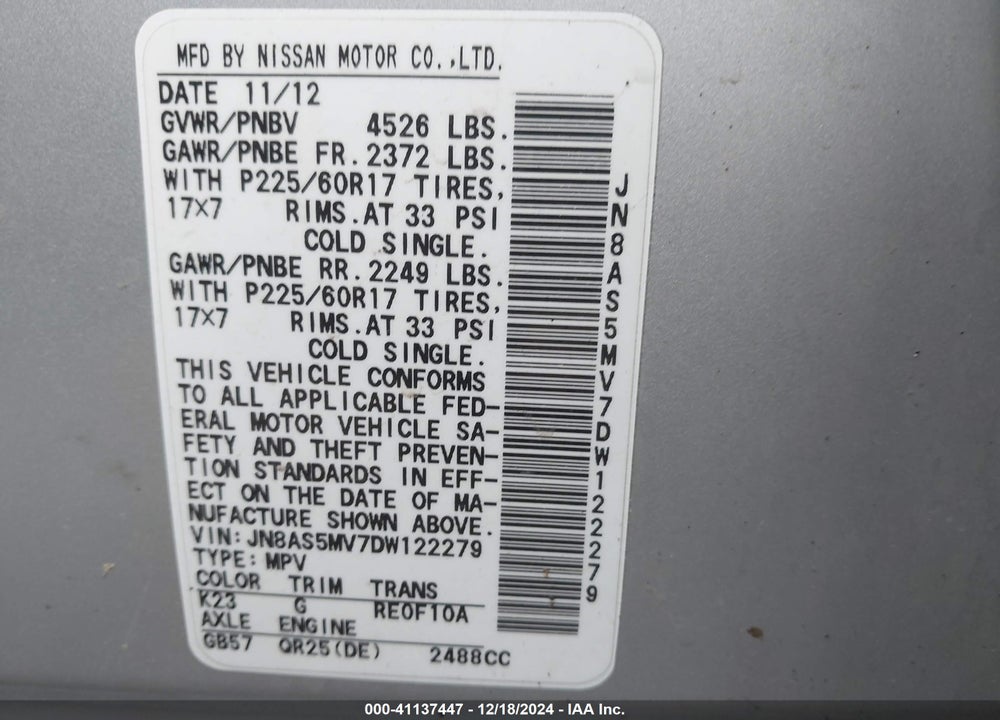 2013 NISSAN ROGUE SV VIN: JN8AS5MV7DW122279
