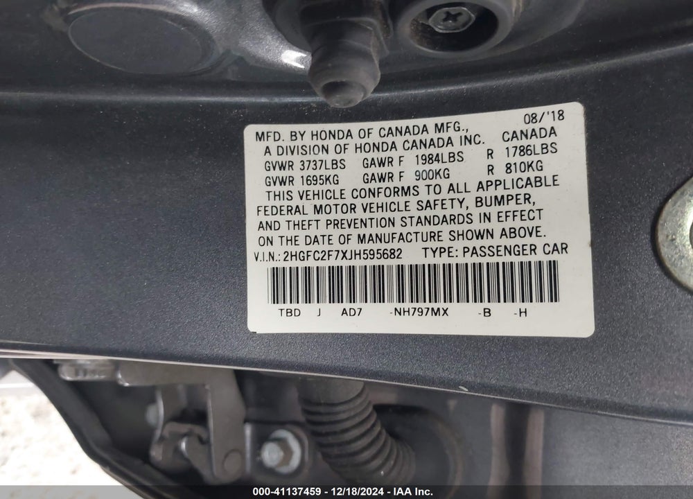 2018 HONDA CIVIC VIN: 2HGFC2F7XJH595682