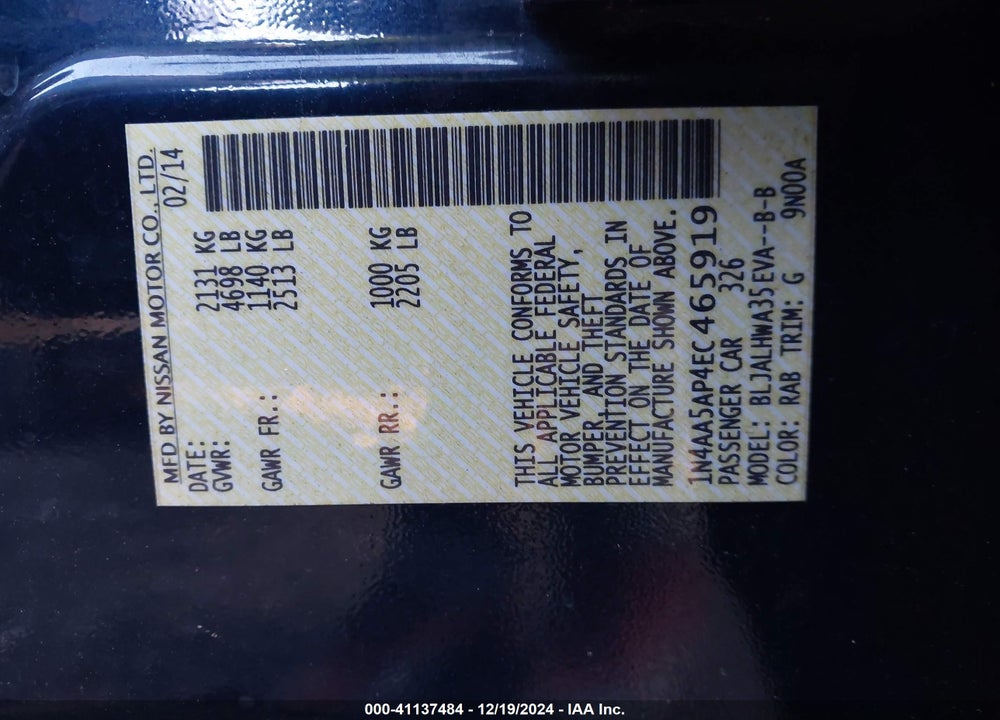 2014 NISSAN MAXIMA 3.5 SV VIN: 1N4AA5AP4EC465919