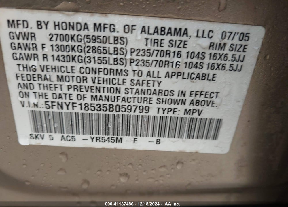 2005 HONDA PILOT EX-L VIN: 5FNYF18535B059799