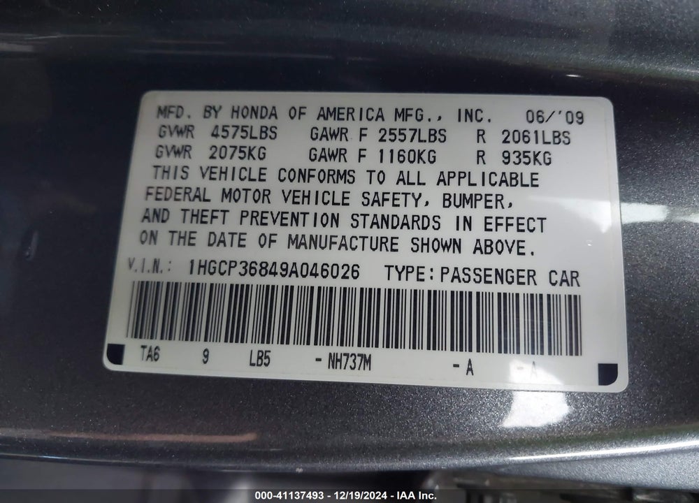 2009 HONDA ACCORD 3.5 EX-L VIN: 1HGCP36849A046026