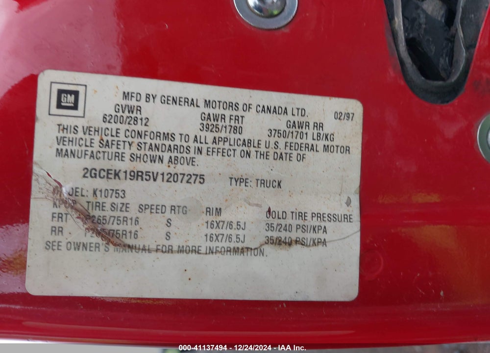 1997 CHEVROLET K1500 FLEETSIDE VIN: 2GCEK19R5V1207275