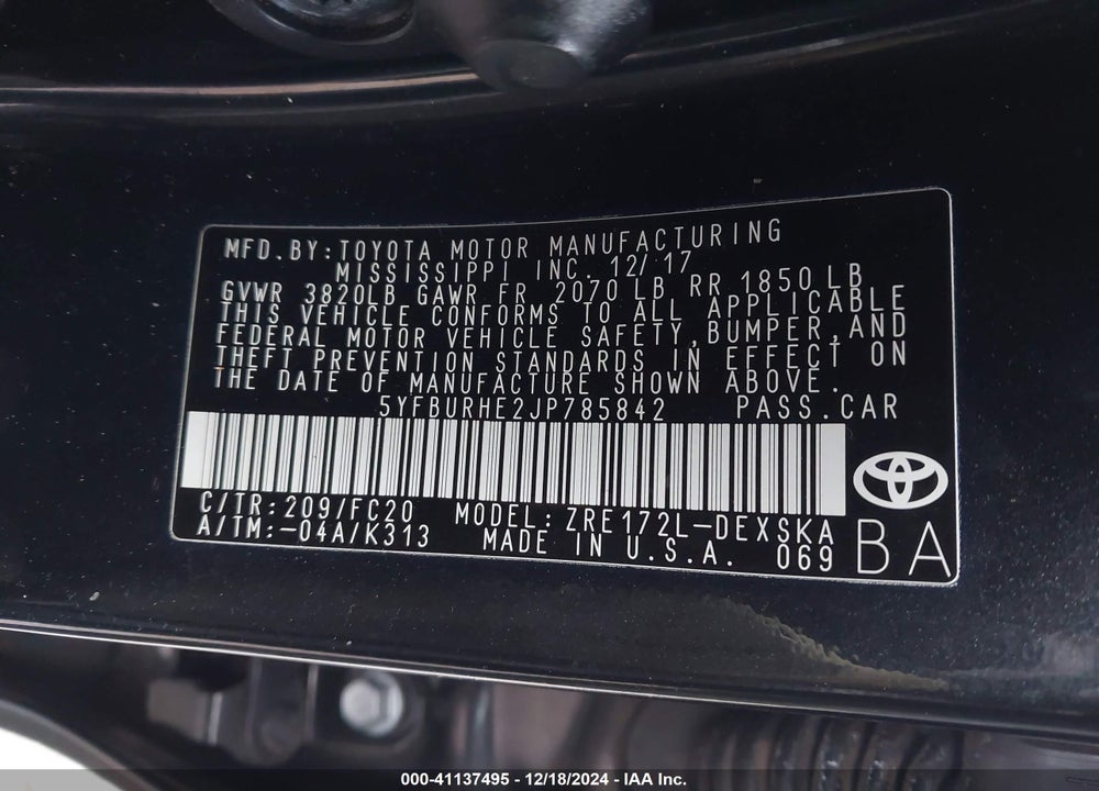 2018 TOYOTA COROLLA SE VIN: 5YFBURHE2JP785842