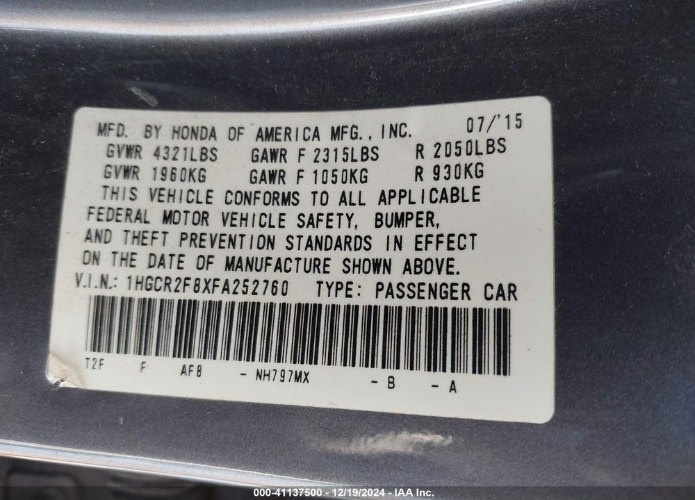 2015 HONDA ACCORD EX-L VIN: 1HGCR2F8XFA252760