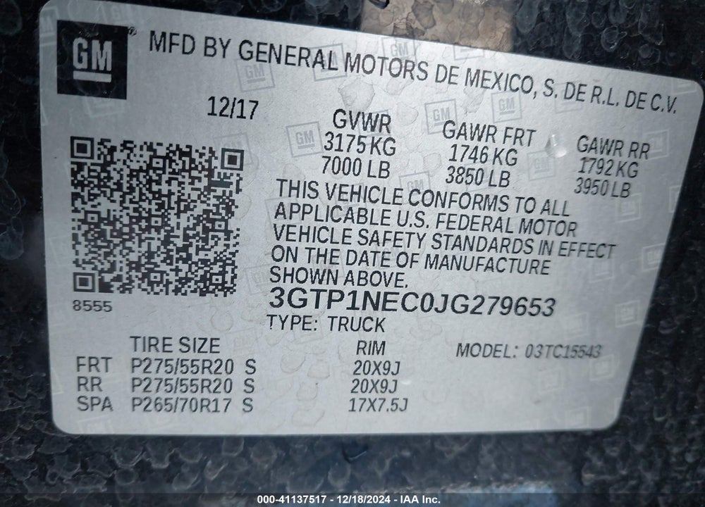 2018 GMC SIERRA 1500 VIN: 3GTP1NEC0JG279653