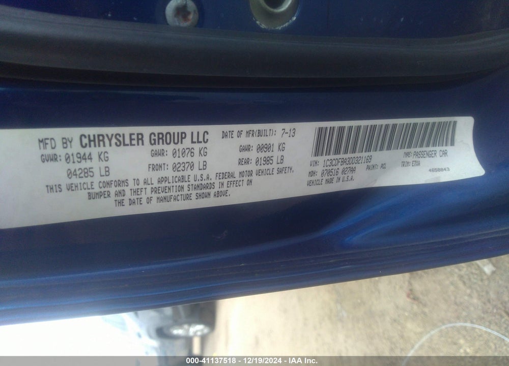 2013 DODGE DART VIN: 1C3CDFBA3DD321169