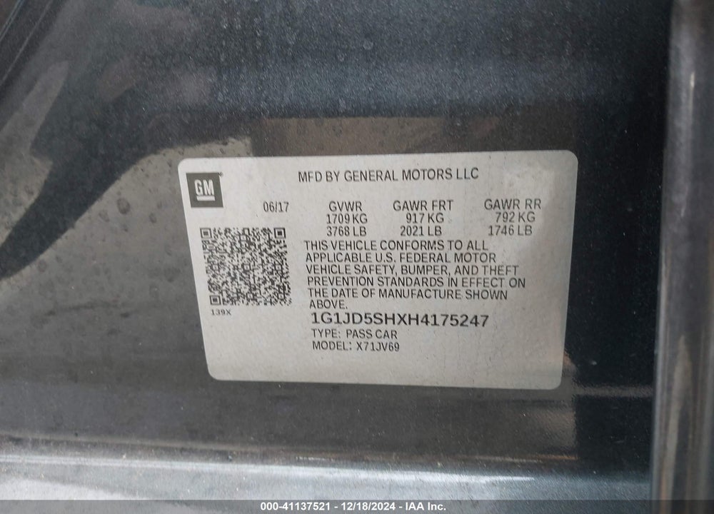 2017 CHEVROLET SONIC VIN: 1G1JD5SHXH4175247