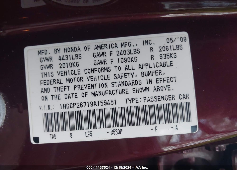 2009 HONDA ACCORD 2.4 EX VIN: 1HGCP26719A159451