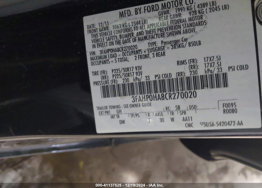 2012 FORD FUSION SE VIN: 3FAHP0HA8CR270020