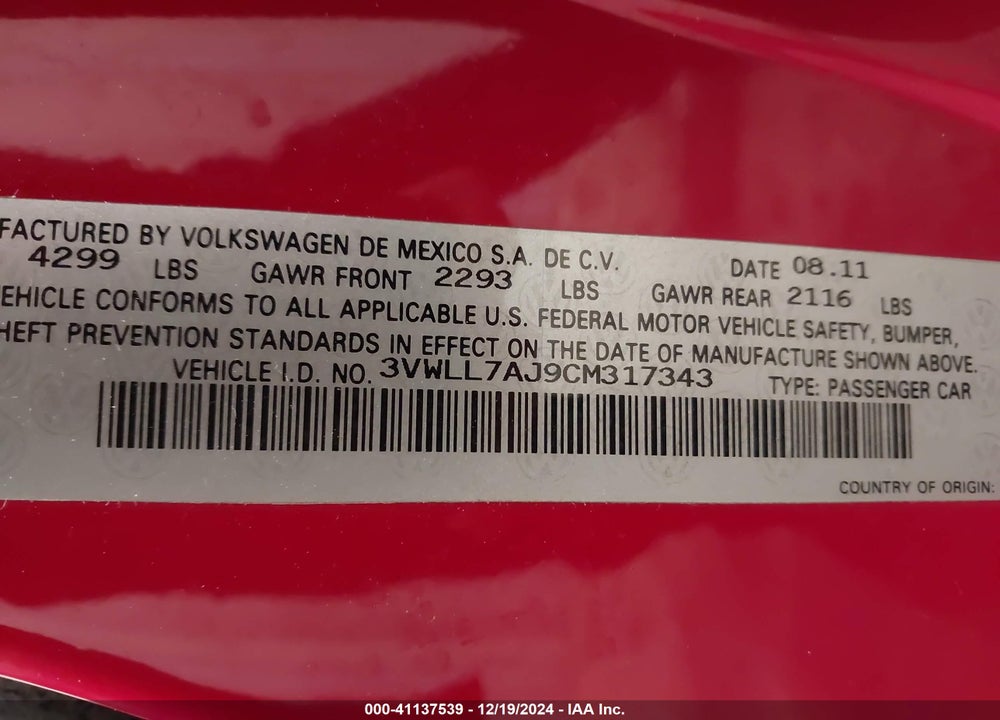 2012 VOLKSWAGEN JETTA VIN: 3VWLL7AJ9CM317343