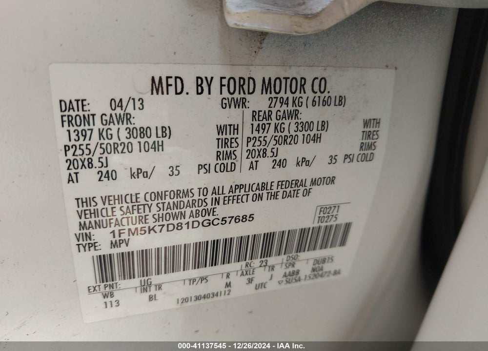 2013 FORD EXPLORER XLT VIN: 1FM5K7D81DGC57685