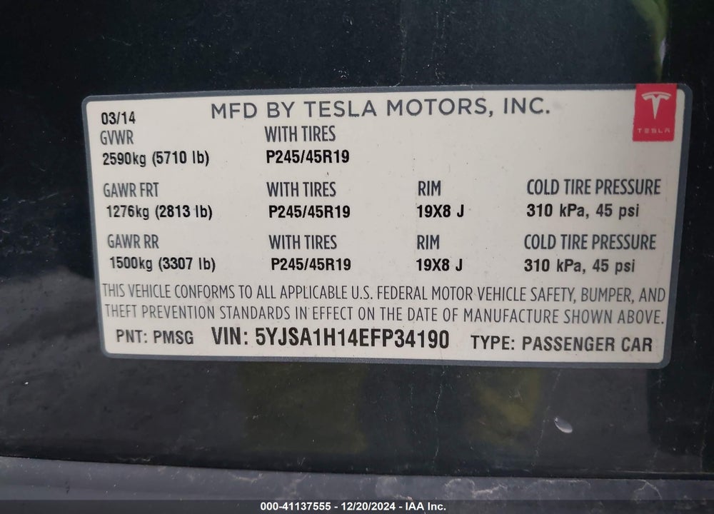 2014 TESLA MODEL S P85 VIN: 5YJSA1H14EFP34190