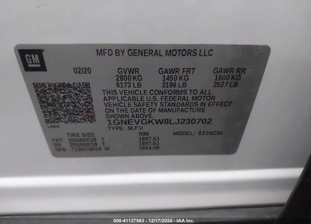 2020 CHEVROLET TRAVERSE AWD LT CLOTH VIN: 1GNEVGKW8LJ230702