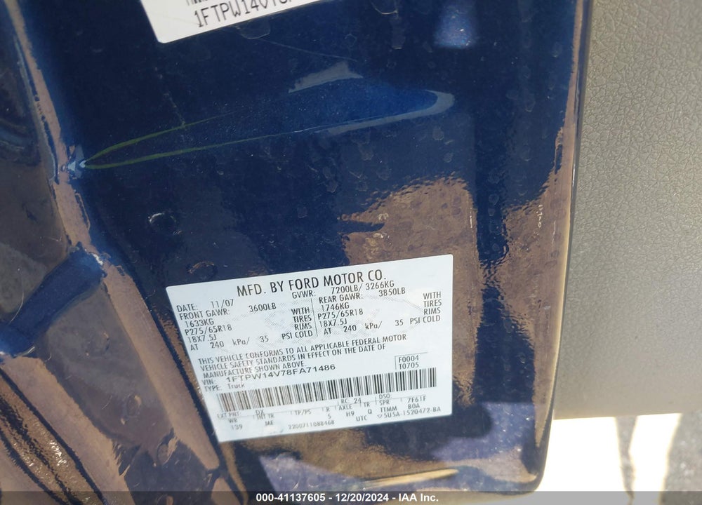 2008 FORD F-150 VIN: 1FTPW14V78FA71486