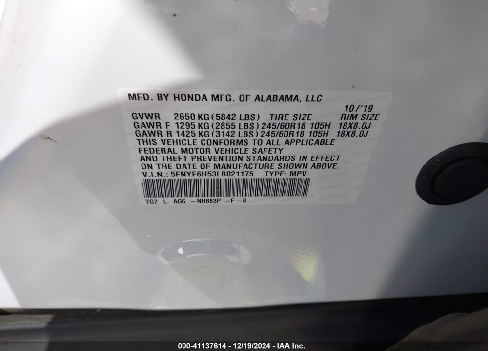 2020 HONDA PILOT VIN: 5FNYF6H53LB021175