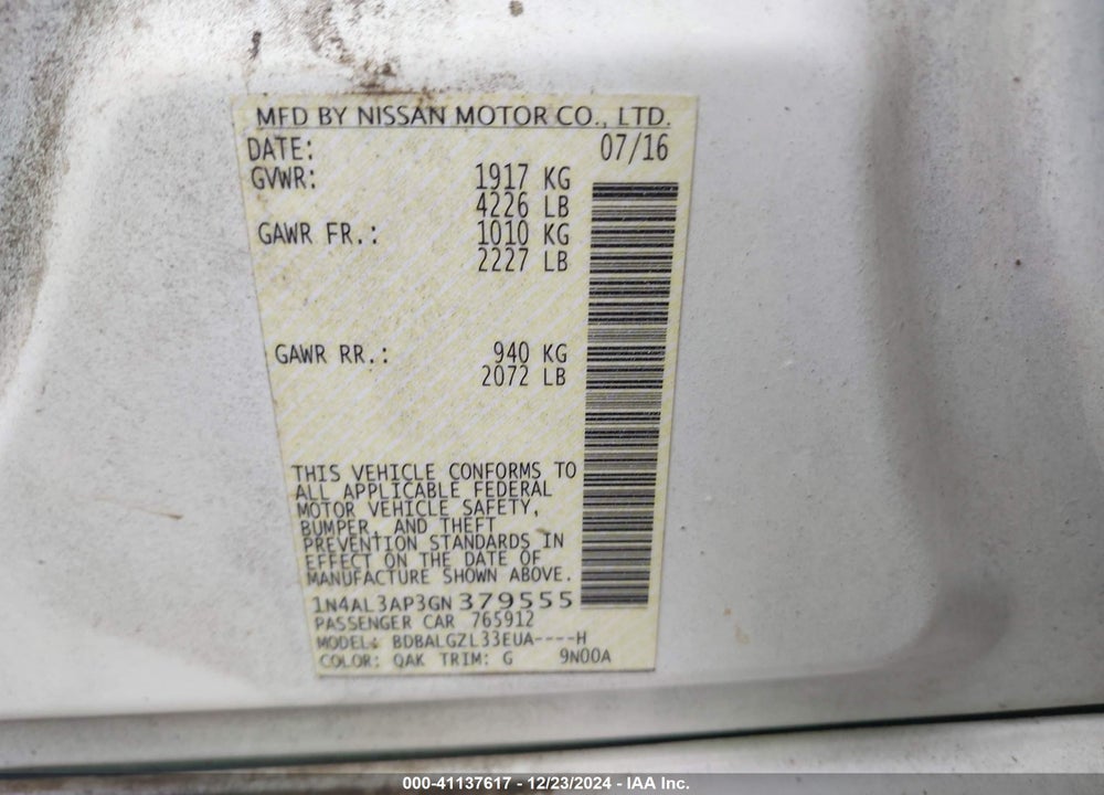 2016 NISSAN ALTIMA VIN: 1N4AL3AP3GN379555