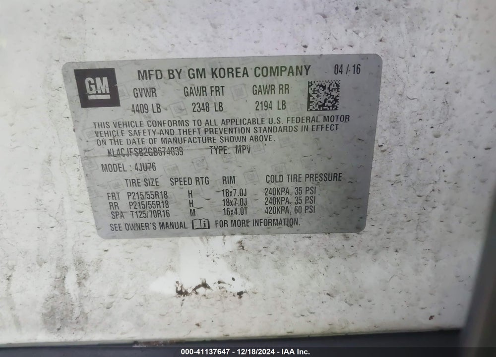 2016 BUICK ENCORE CONVENIENCE VIN: KL4CJFSB2GB674039