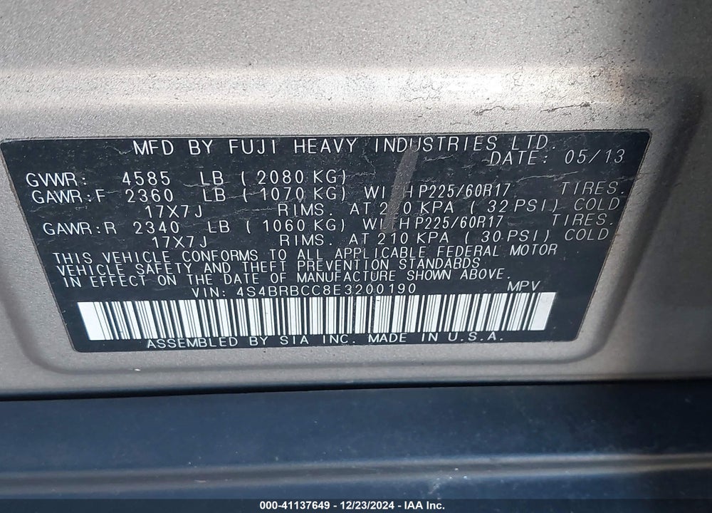 2014 SUBARU OUTBACK 2.5I PREMIUM VIN: 4S4BRBCC8E3200190
