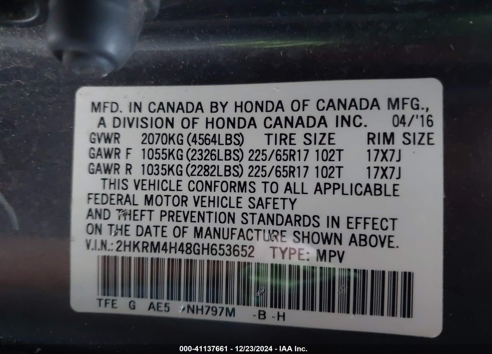 2016 HONDA CR-V SE VIN: 2HKRM4H48GH653652