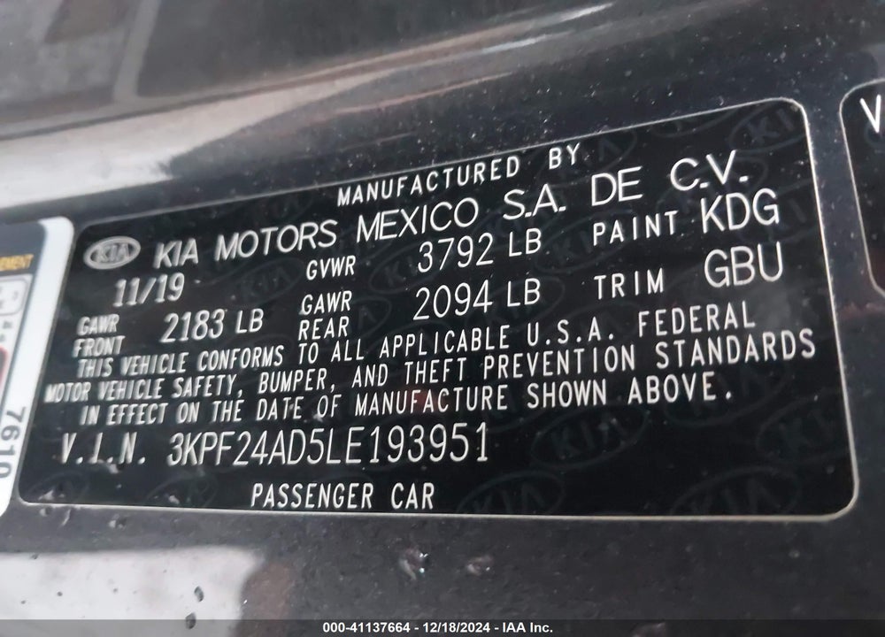 2020 KIA FORTE LXS VIN: 3KPF24AD5LE193951
