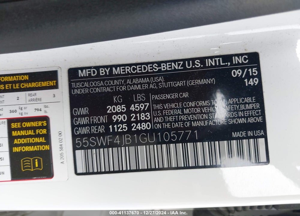 2016 MERCEDES-BENZ C 300 VIN: 55SWF4JB1GU105771