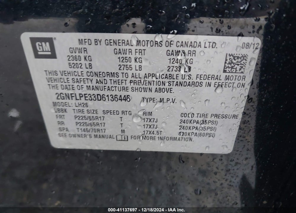 2013 CHEVROLET EQUINOX 2LT VIN: 2GNFLPE33D6136446