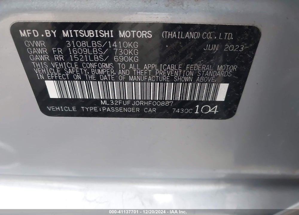 2024 MITSUBISHI MIRAGE G4 BLACK EDITION/ES/LE VIN: ML32FUFJ0RHF00887