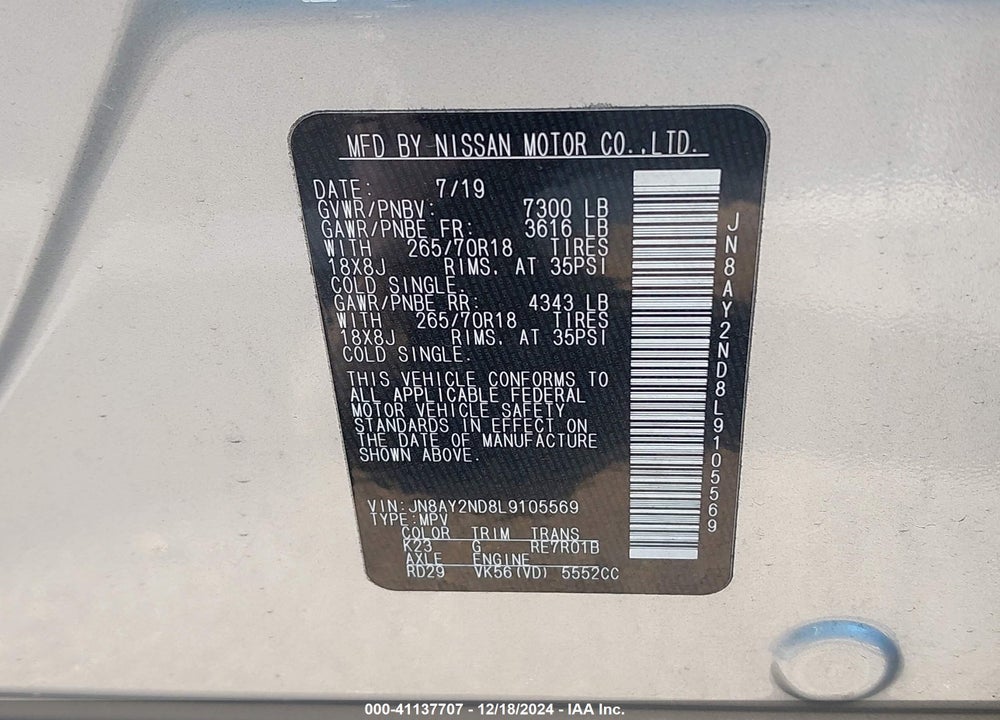 2020 NISSAN ARMADA SV 2WD VIN: JN8AY2ND8L9105569